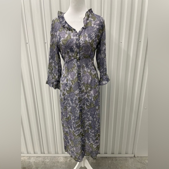 Garnet Hill 100% Silk Purple Floral Sheer Full Button Midi Slip Dress 4 Petite - Picture 1 of 13